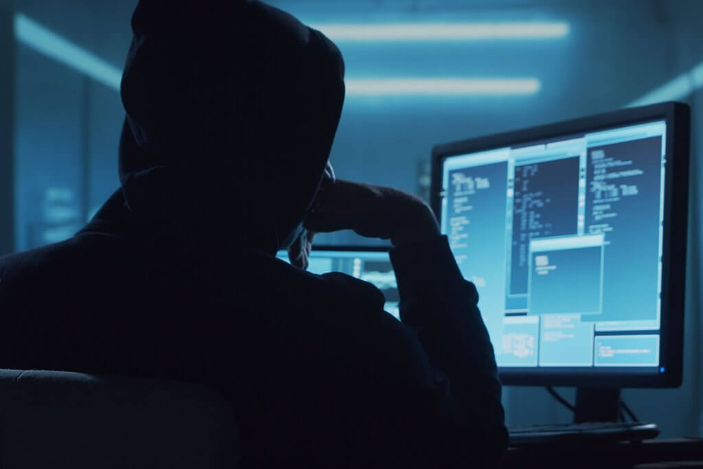 Hacker mit schwarzem Kapuzenpullover
